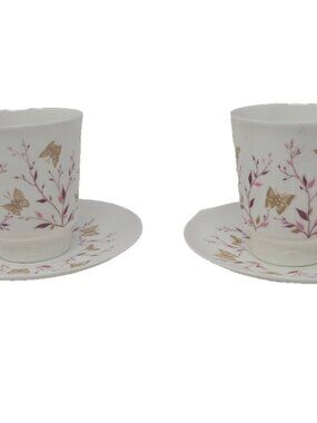 Pair Vintage Lomonosov Demitasse Cup Saucers  May Pink Branch Butterfly Russia